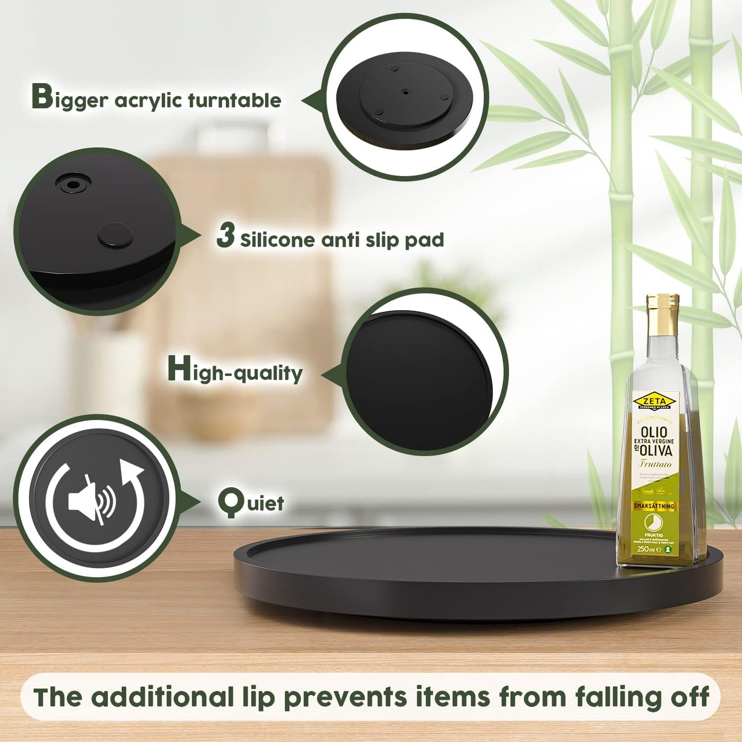 Lazy Susan Organizer, 13.2 Inch Non-Skid Bamboo Lazy Susan for Kitchen Table cabinets Closets and Kitchen Islands, Wood Turntable for Kitchen Countertop Organizer Black