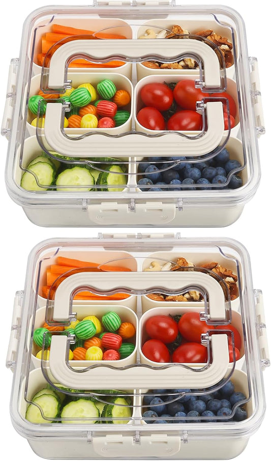 Divided Serving Tray with Lid and Handle, Portable Snack Box Container, 6 Compartments Veggie Fruit Snackle Tray, Charcuterie Platter Container for Party, Nuts, Snacks, Picnic,2 Pack, SMALL SIZE