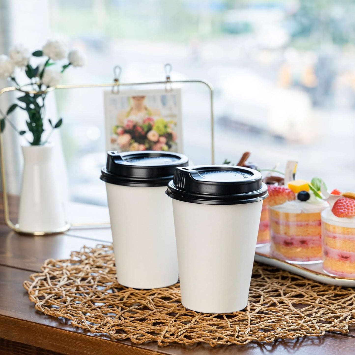 YEEHAW 100 Pack 12oz Coffee Cups with Lids, White Disposable Paper Cups, to Go Coffee Cups for Cafes, Party, and Office