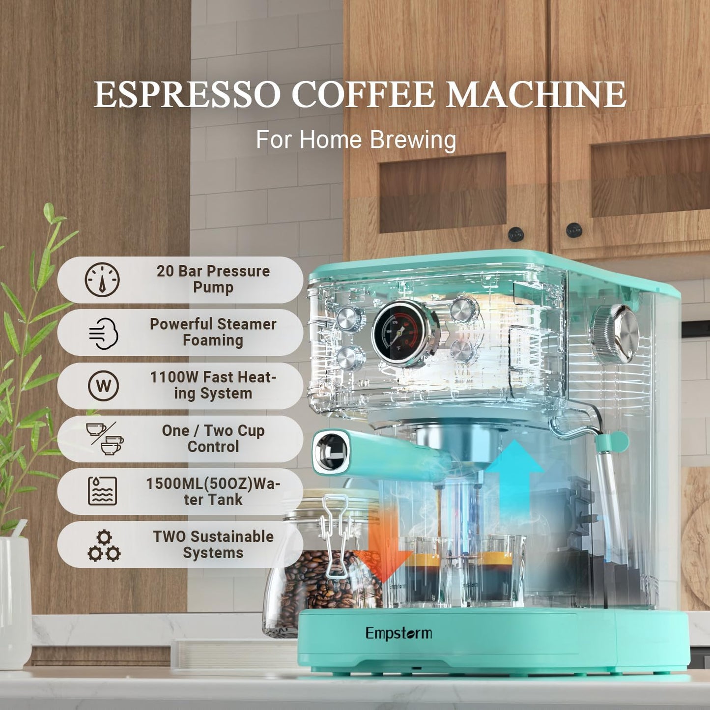 Espresso Machine Latte Coffee Makers 20 Bar, 2 IN 1 Professional Cappuccino Machine and Milk Frother Steam Wand Compatible for NS Original Capsules for Home Brewing - Blue