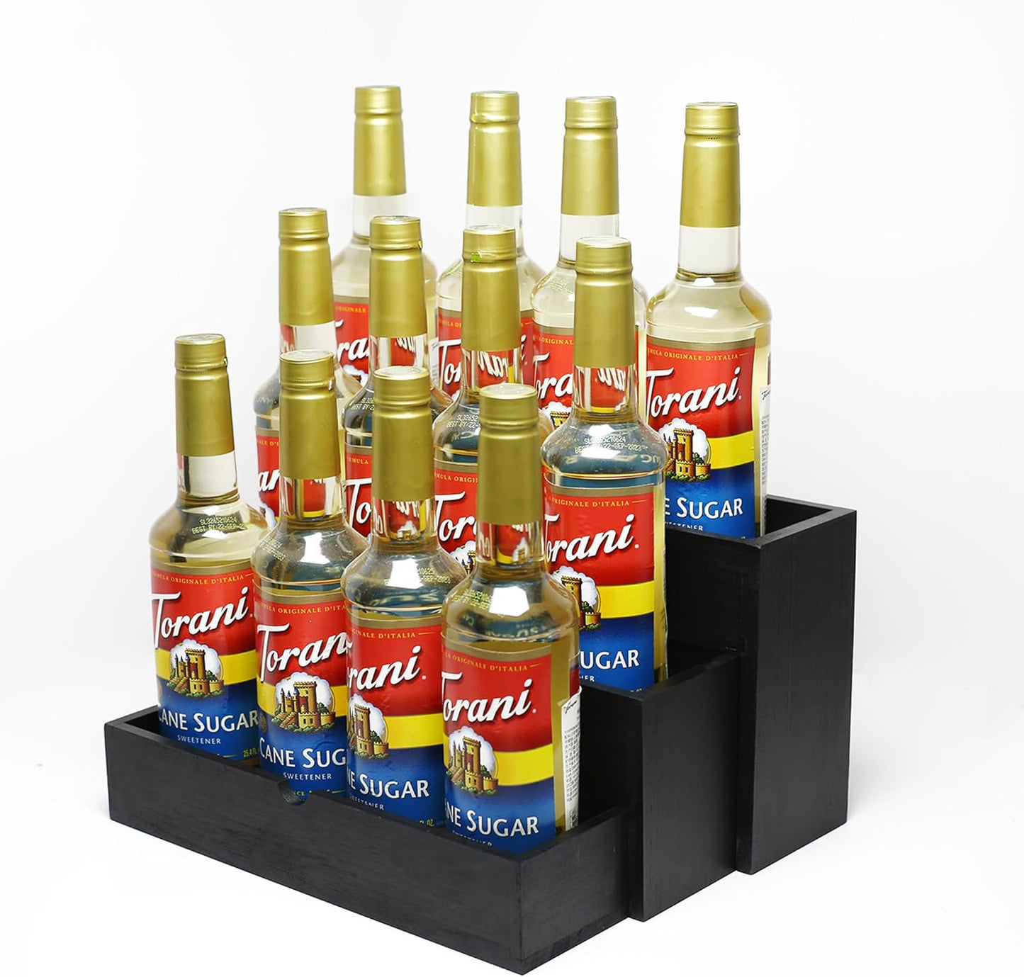 Black Wood Coffee Syrup Rack Organizer, 3-Tier Separated Bottle Holder for Coffee Bar, 12 Bottle(750ml) Storage Stand for Syrup, Wine, Dressing