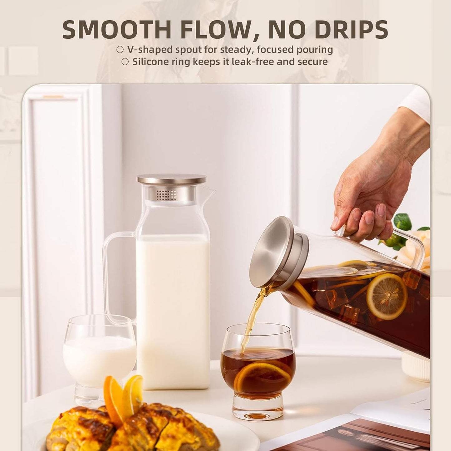 Glass Water Pitcher with Lid and Spout, 2L/68 Ounces Heat Resistant Borosilicate Glass Carafe, Temperature Safe