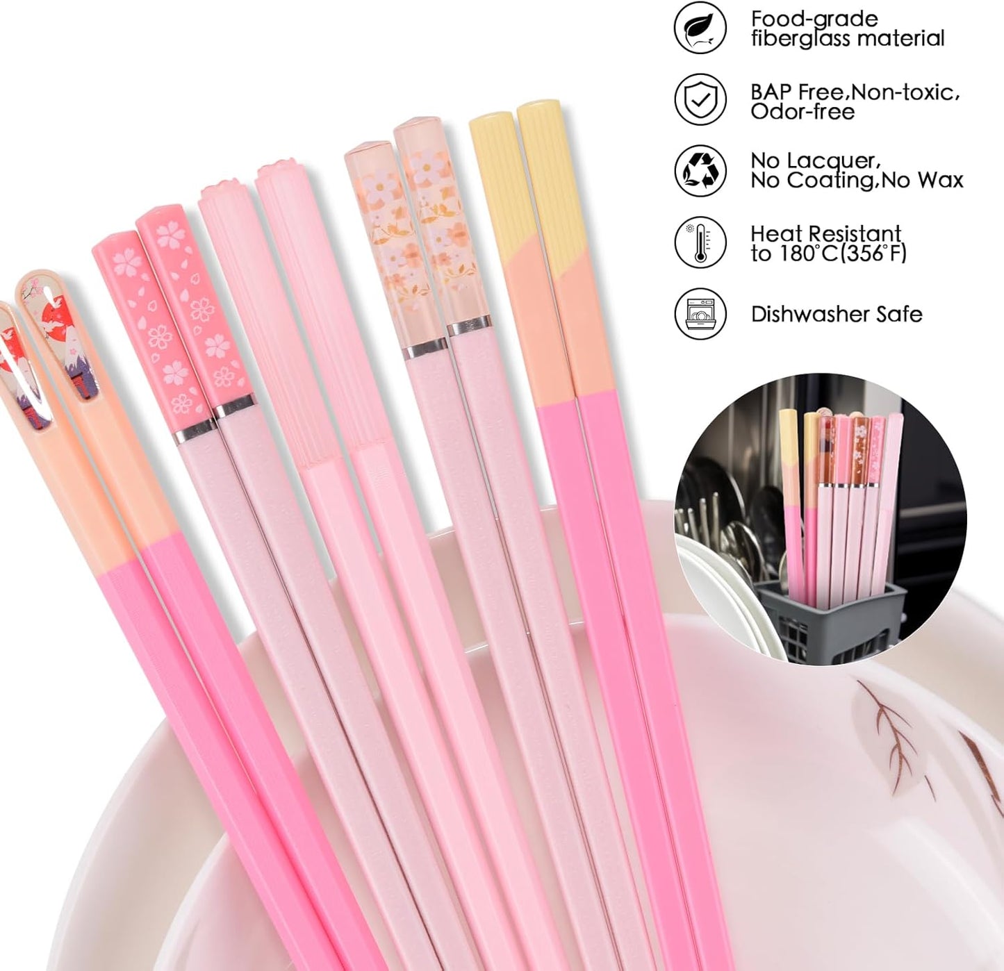 Chopsticks Reusable Dishwasher Safe, GLAMFIELDS 5 Pairs 9.5 Inches Premium Chop Sticks Set for Sushi, Ramen, Asian Cuisine, Matte Non-slip with Gift Case, Pink