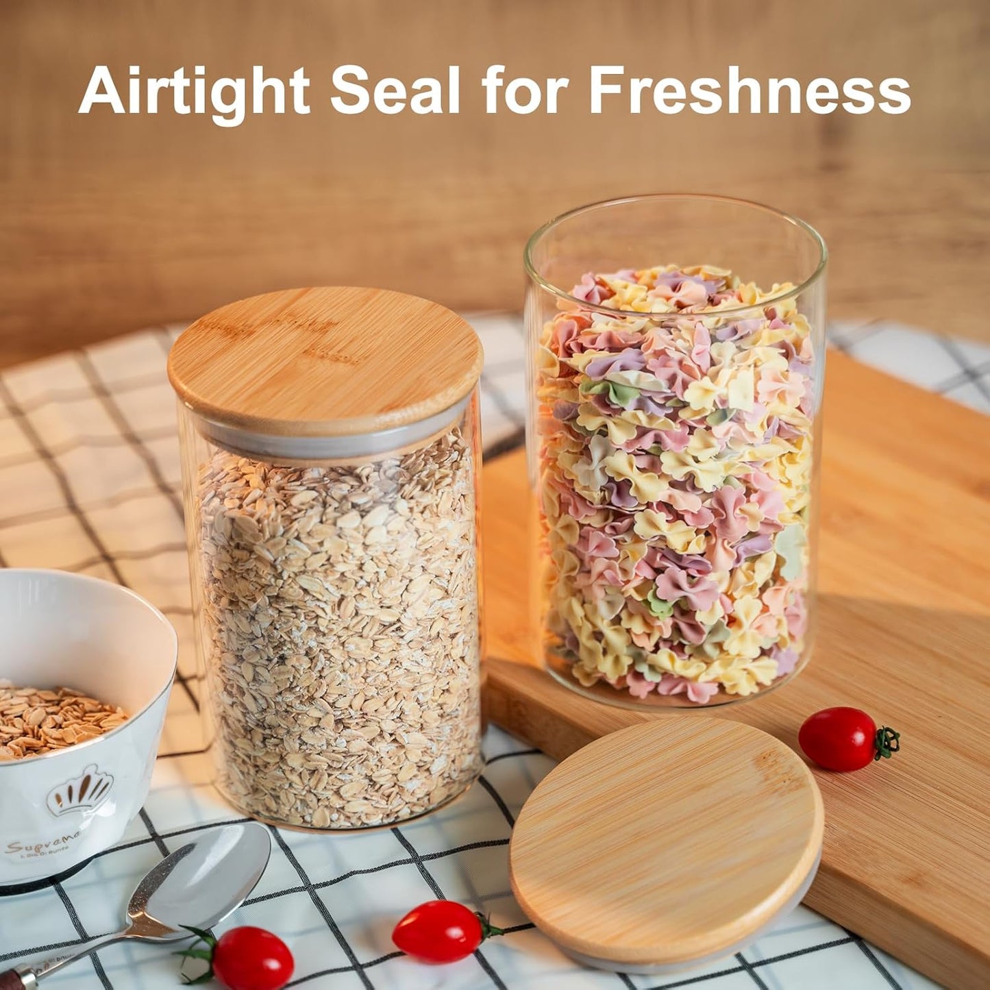 50oz Glass Food Storage Jars Set of 6,Glass Storage Containers Clear Glass Food Canister with Bamboo Lid Airtight For Serving Tea, Coffee, Flour, Sugar, Candy, Cookie, Spice and More (Round)