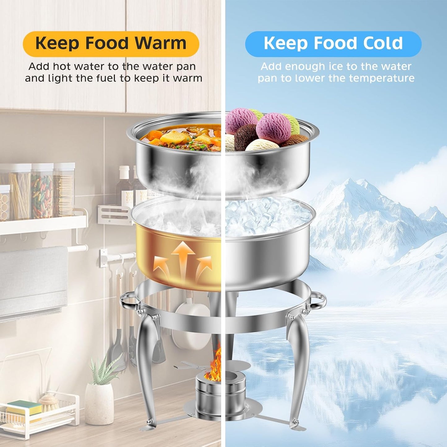 6 QT Chafing Dish Buffet Set with Serving Spoons, 2 Packs Stainless Steel Round Chafing Dishes with Glass Lid & Lid Holder, Food Warmers for Parties Buffet Weddings Catering Events