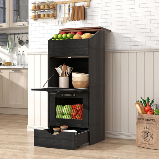 Patiorama Wood Potato and Onion Storage Bin Box with Lid, 4-Tier Farmhouse Wooden Bread Box Cabinet with 2 Mesh Doors & Rolling Drawer, Large Vegetable Storage Bin Organizer for Kitchen Pantry Black