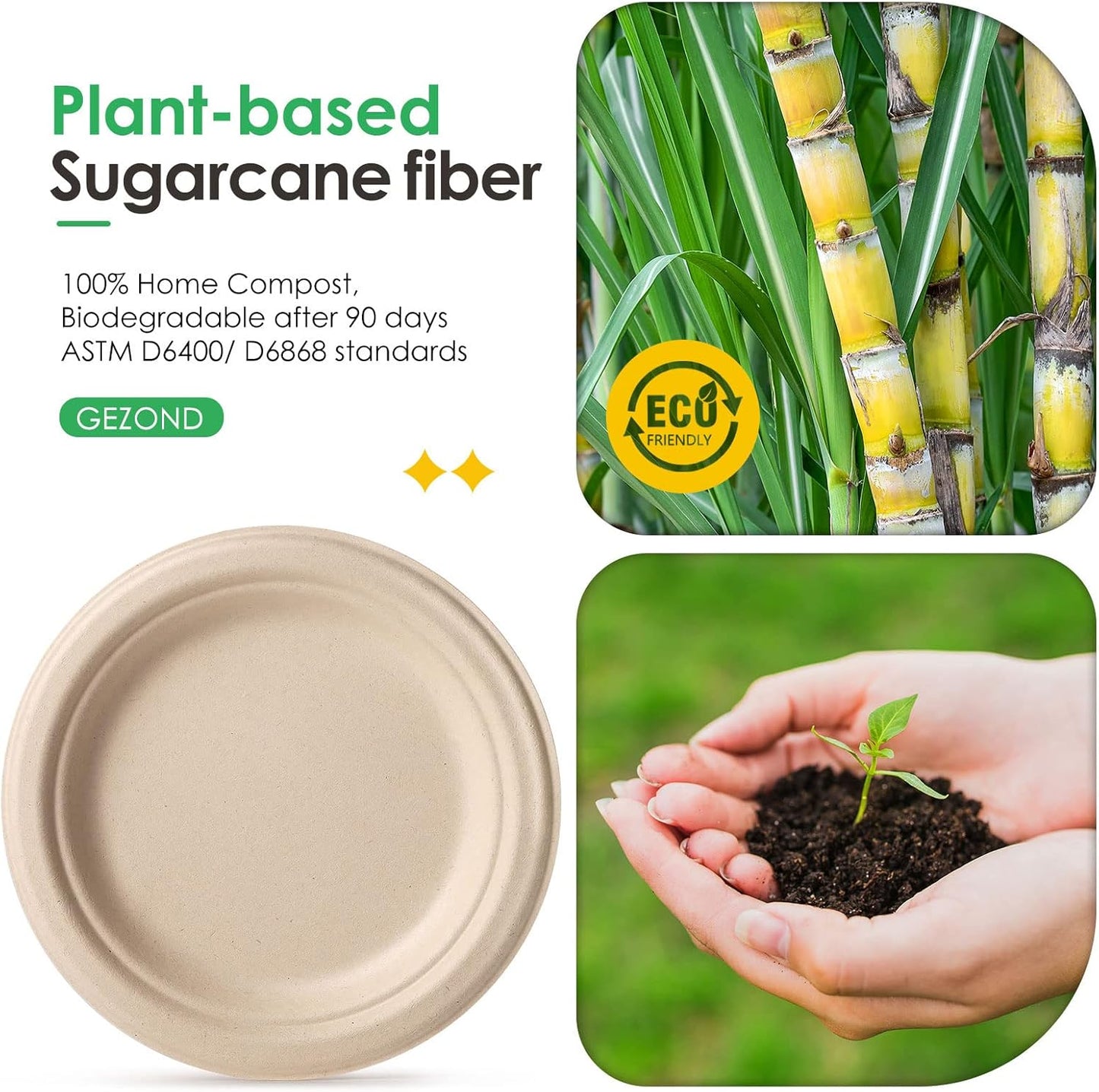 Gezond 100% Compostable Paper Plates 7 Inch, 150pcs Disposable Heavy-Duty Plates Unbleached Biodegradable Plate Made of Sugarcane Fiber