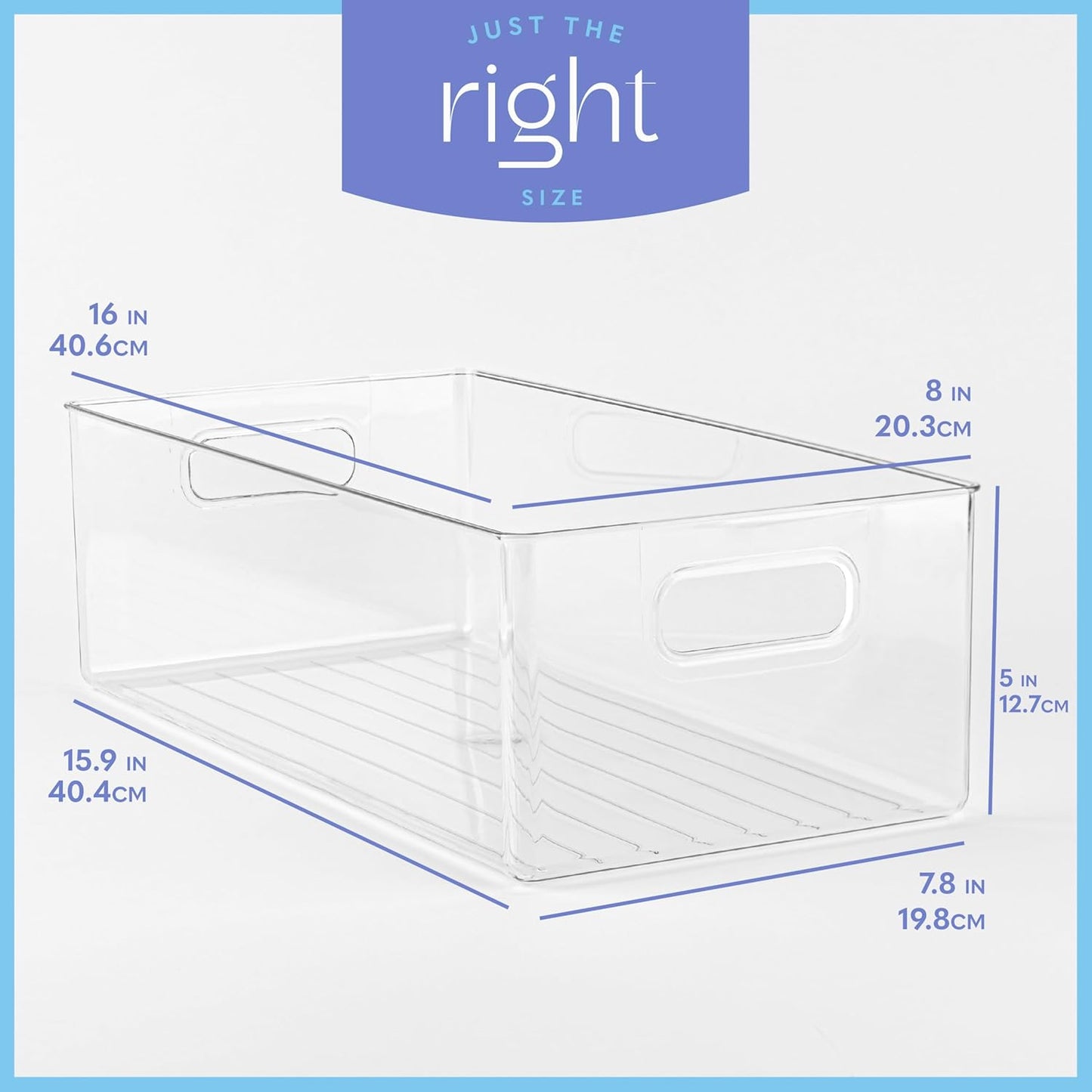 Plastic Food Storage 8 Pack Clear Container Bin with Handles for Organizing Kitchen, Pantry, Refrigerator, Freezer, Pantry, Cabinet, Closet, Bathroom. 16”x8”x5”