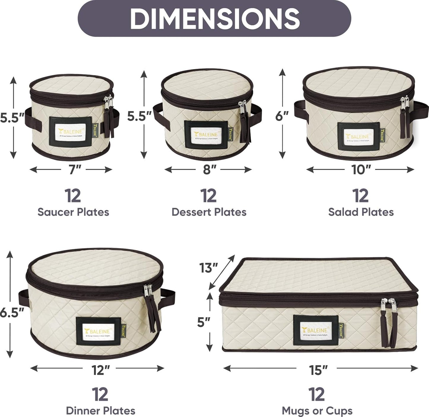 BALEINE China Storage Containers, Sturdy Quilted Wine Glass Storage, Plate Organizer with Carry Handles, Moving Boxes for Dishes, Cups, Mugs and Stemware (Plate Mug Combo, Soft Shell Cream)