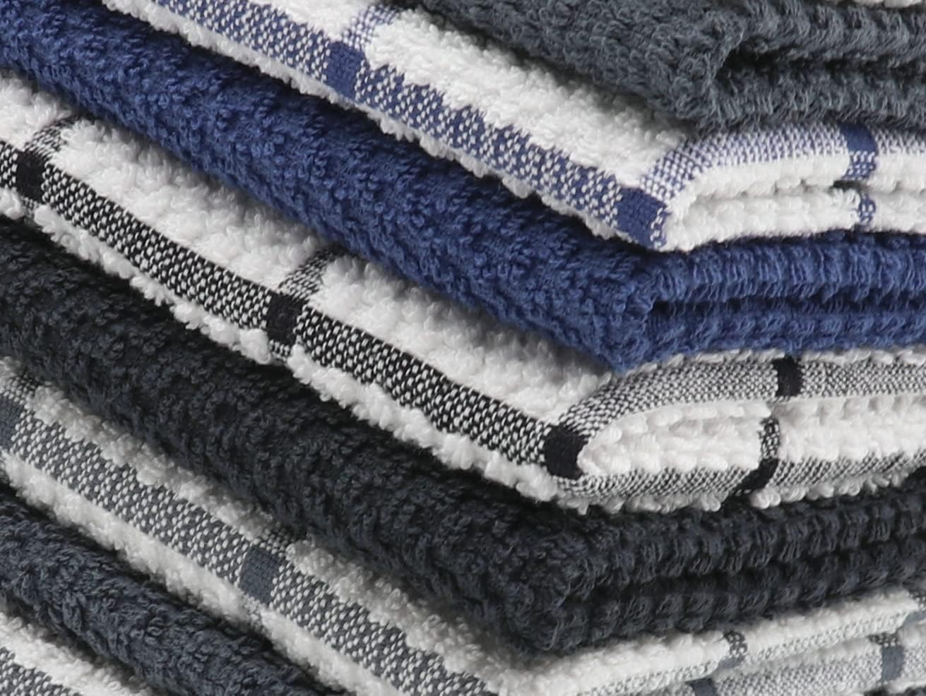 Cotton Grid Dish Cloths, Terry Cleaning Rags, 12 x 12 Inches, Light and Soft, Quick Drying Dish Rags, 8pc/Set (Black Multi)