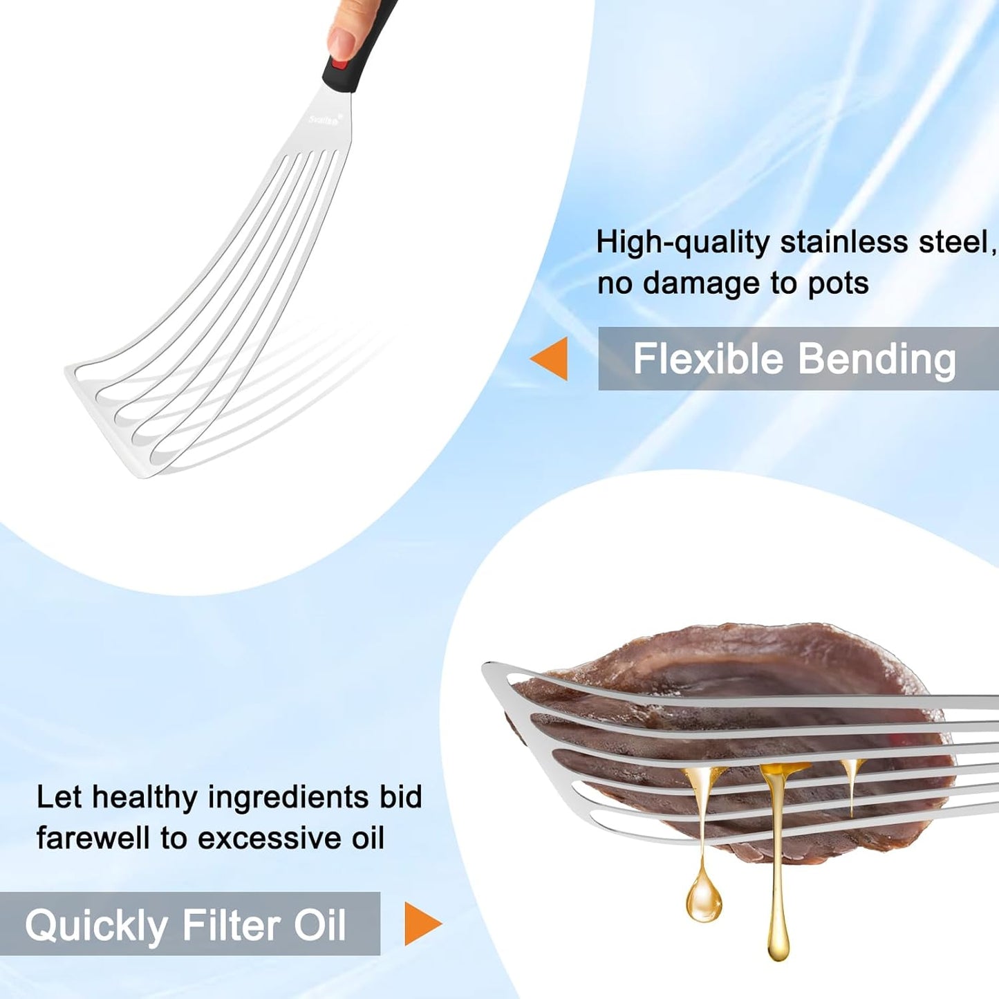 Fish Spatula Stainless Steel, Flexible Metal Spatulas with Silicone Handle, Slotted Turner for Kitchen, Cooking, Grilling, Flipping, Turning, Egg, Pancake and Burger (Small and Large)