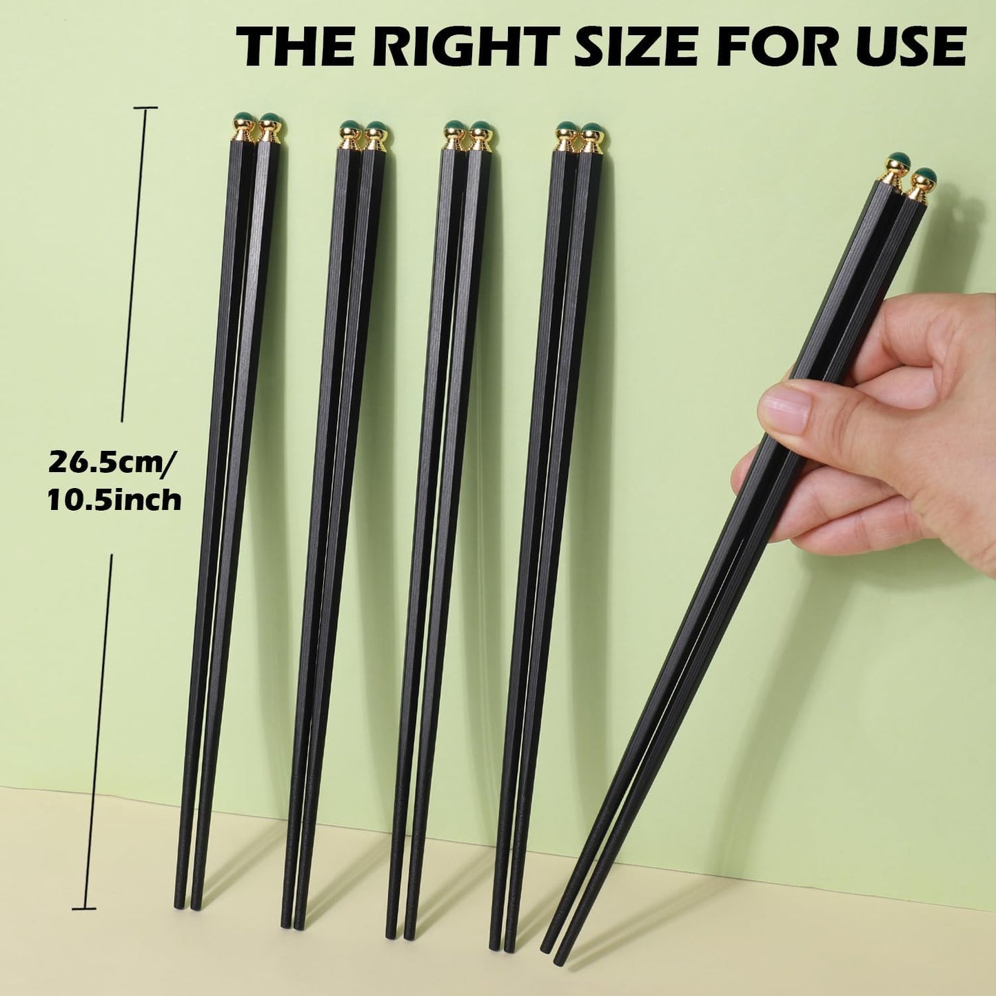 GLAMFIELDS 5 Pairs Premium Chopsticks Reusable Dishwasher Safe 10.5 Inch Gift Set Hexagon Black Chop Sticks with the Green Tops
