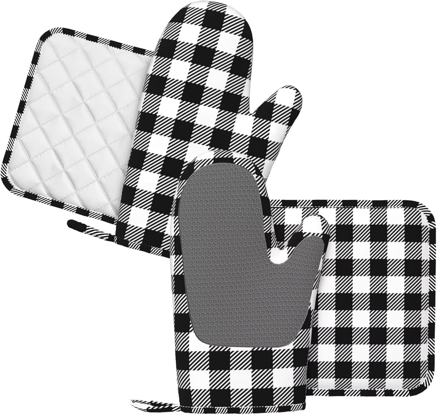 Black Checked Pattern Oven Mitts and Pot Holders Set of 4 Silicone Gingham Plaid Check Black Kitchen Mitten Gloves and Potholders Set Heat Resistant Oven Gloves Hot Holders for Kitchen