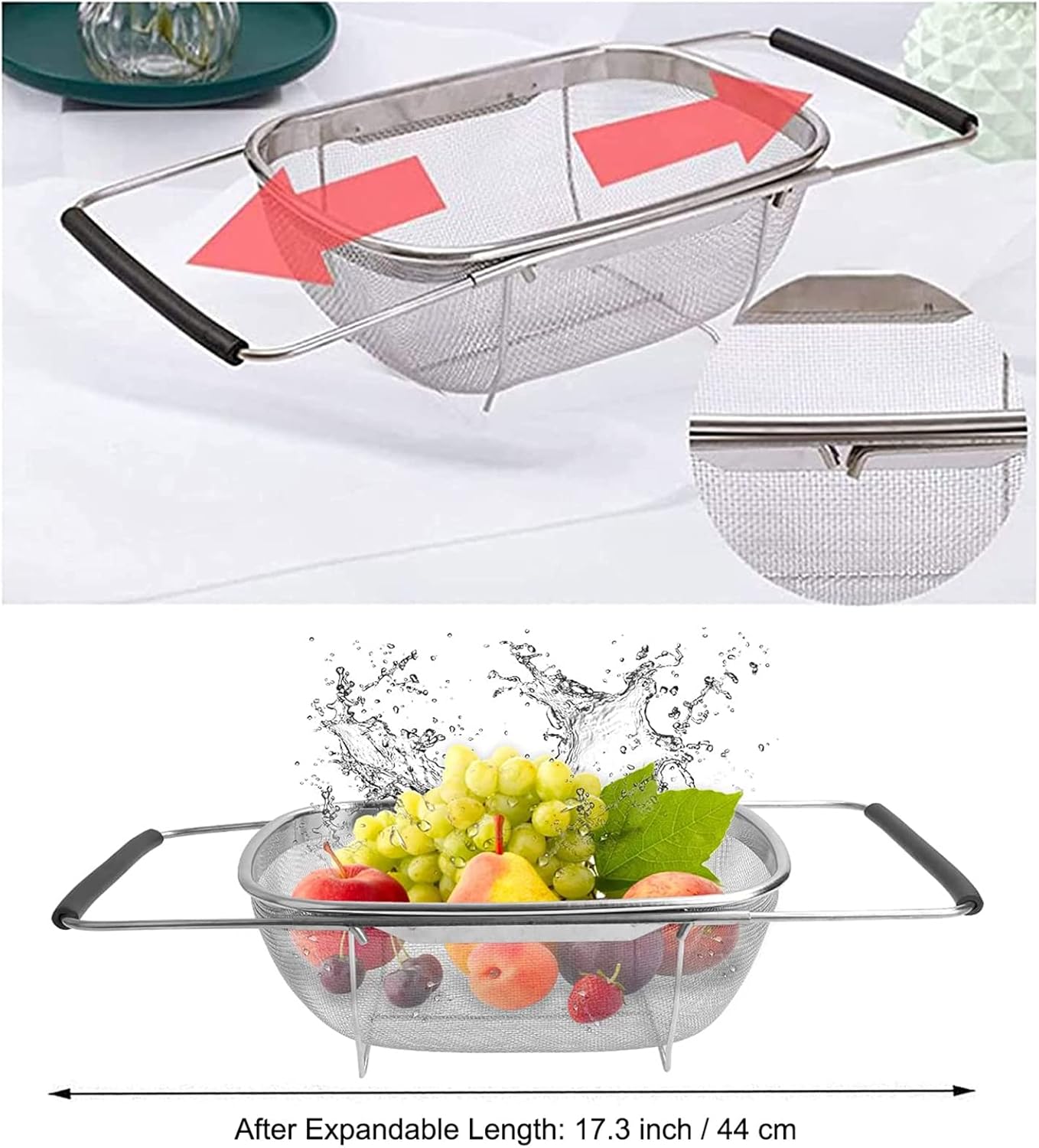 Over The Sink Colander, 4 Quarts Stainless Steel Oval Colander with Expandable Rubber Grip Handle, Fine Mesh Strainer Baskets Kitchen Colander for Strain, Drain, Rinse Vegetables, Fruits, Black