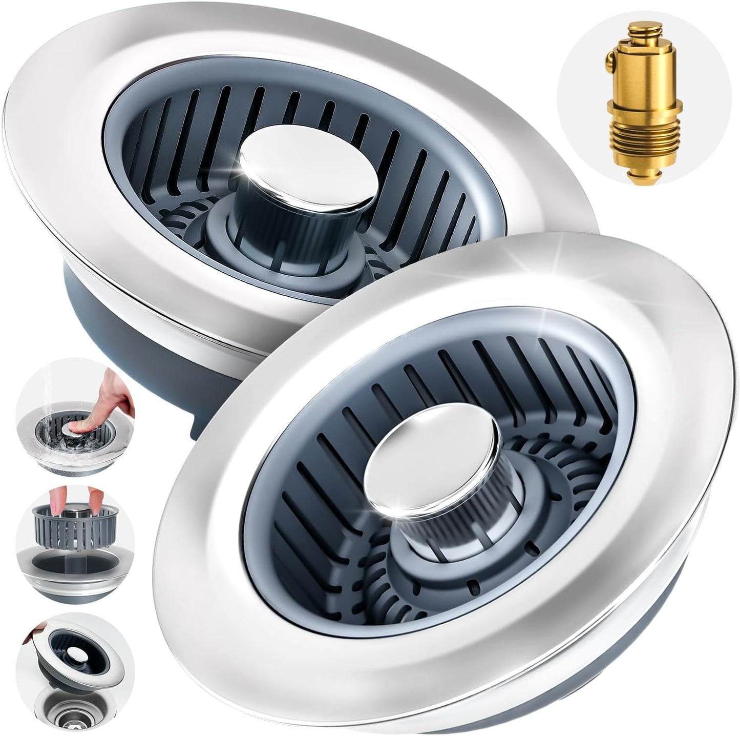 zaa 2 Pack 3 in1 Kitchen Sink Drain Strainer & Sink Stopper, Pop Up Stainless Steel Kitchen Drain Plug & Cover with Anti-Clogging Basket Strainer, Fit US Standard 3-1/2'' Drain Hole