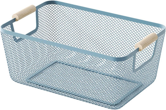 Metal Mesh Steel Basket, Small Wire Storage Organizer Baskets Multi-function Hanging Kitchen Basket with Wood Handle for Kitchen Bathroom Picnic Home, Rectangle-Blue