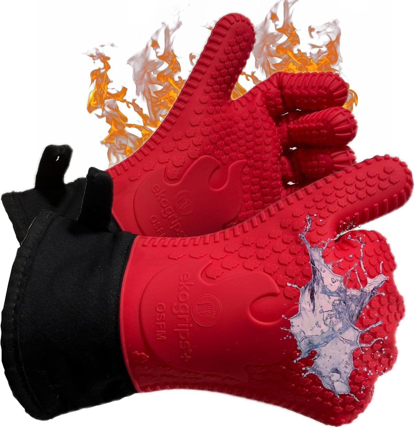 Ekogrips Plus Oven Gloves with Fingers, Comfy Waterproof Silicone Oven Mitts Heat Resistant with Long Cuff, Insulated BBQ Gloves Perfect for Grilling, Baking, Smoker, Canning, and Pizza, Red, OSFM