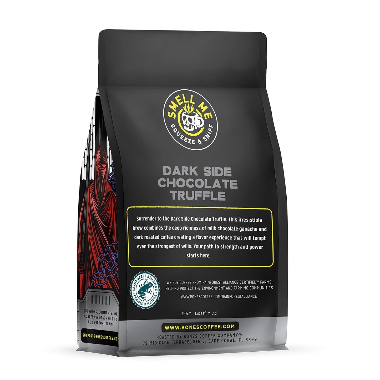 Bones Coffee Company Star Wars Dark Side, Chocolate Truffle Flavored Coffee, Medium Roast Low Acid Arabica Beans Compatible with Auto drip and French Press Coffee Maker, 12 Oz Ground