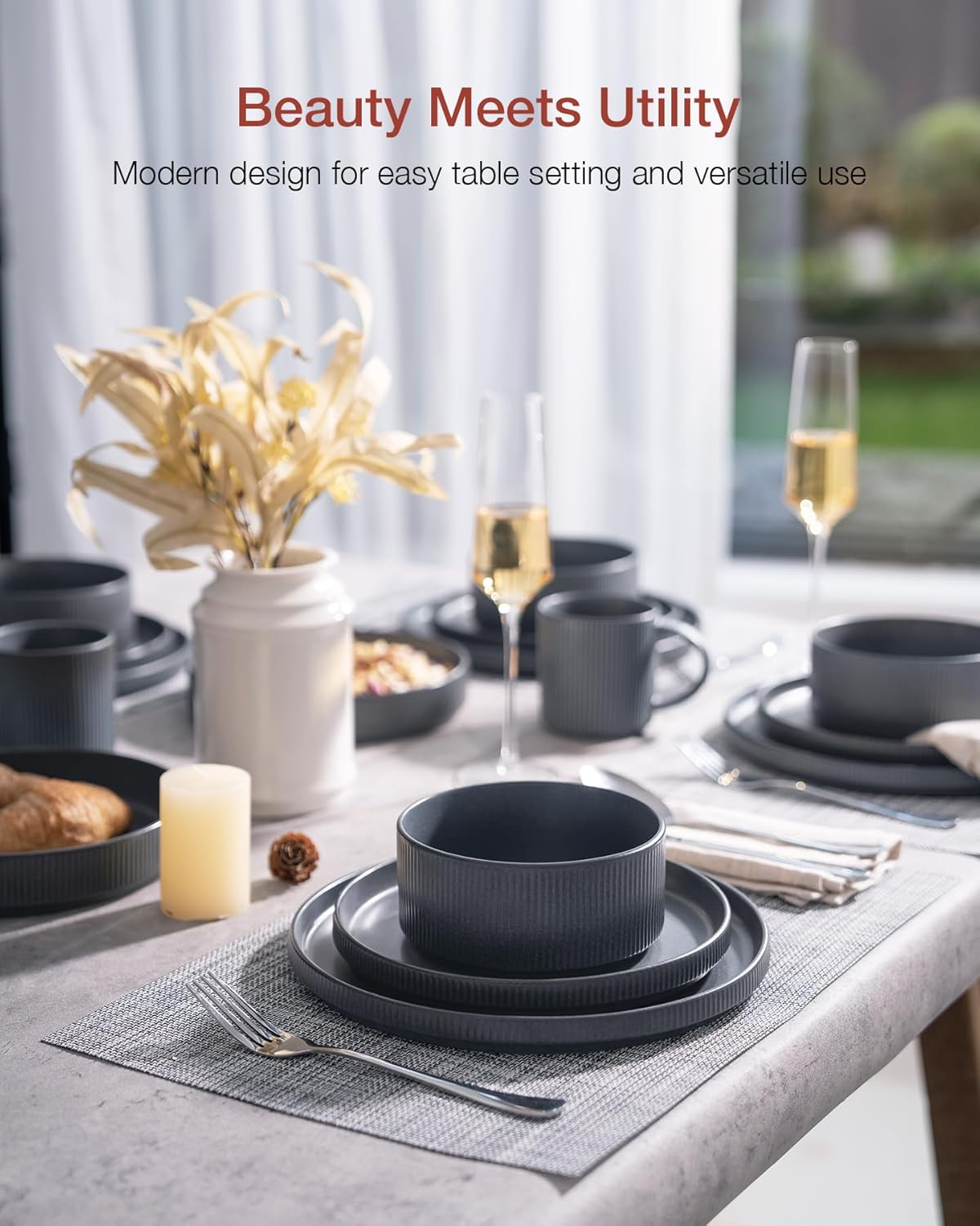 Famiware Star Dinnerware Set with Mugs, Service for 4 (16pcs), Ribbed Stoneware Plates and Bowls Dishes Sets - Chip & Scratch Resistant, Microwave & Dishwasher Safe, Matte Dark Charcoal