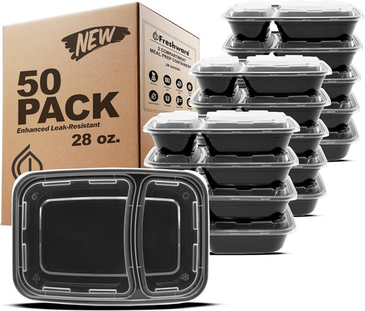 Freshware Meal Prep Containers [50 Pack] 2 Compartment with Lids, Food Storage Containers, Bento Box, BPA Free, Stackable, Microwave/Dishwasher/Freezer Safe (28 oz)