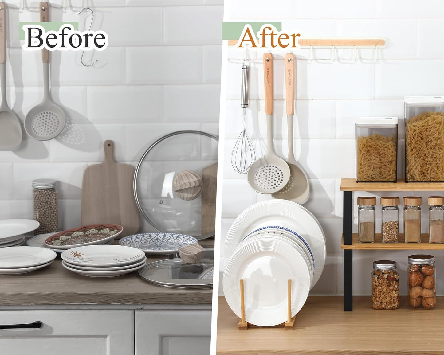 Marsui 4 Pcs Kitchen Organizer Accessories Set Cabinet Organizer Shelf and Bamboo Dish Drying Plate Rack Counter Shelves Storage Holder for Spice Rack, Dish, Pot Lid, Bowl, Cup(Light Color)