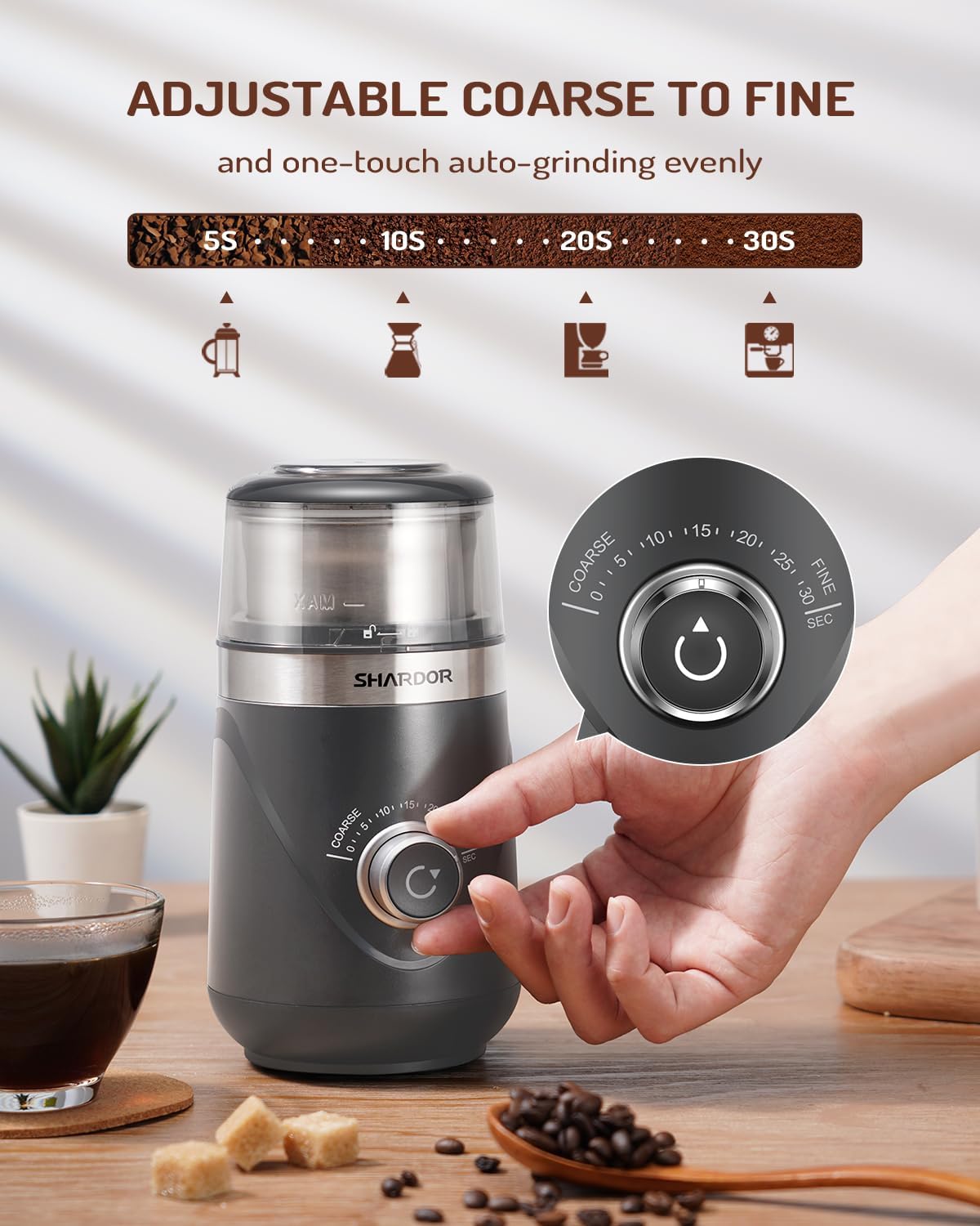 SHARDOR Electric Super Silent Blade Coffee Grinder, Timed Grind Control Rotary Knob, Adjustable Coarse to Fine for Coffee Beans, Spices & Herbs, with 1 Removable Stainless Steel Bowl,Light Gray