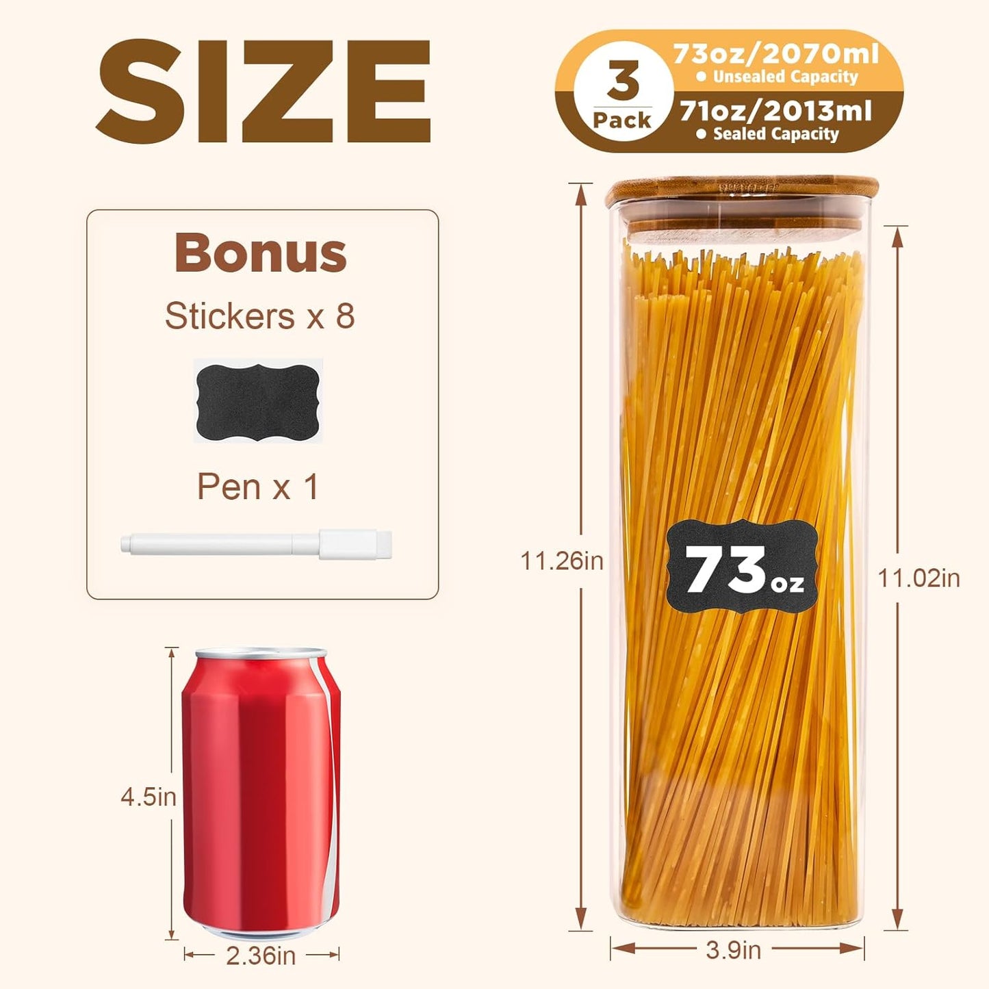 Glass Pasta Storage Jars Square 73oz, 3 Pack Glass Jars With Bamboo Lids, Tall Kitchen Storage Containers For Pasta, Storage For Pantry Organizers