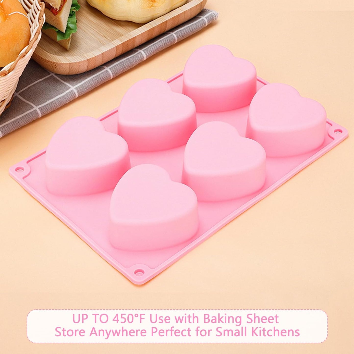3-Pack 6-Cup Silicone Muffin Pans, Nonstick Cupcake Baking Molds, BPA/PFA-Free, Dishwasher & Oven Safe Heart-shaped Pink