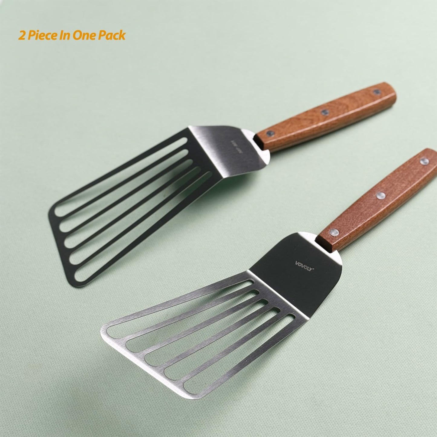 2 Pack Offset Fish Spatula Turner, Stainless Steel Slotted Spatulas for Flipping, Turning, Frying & Grilling, Offset Metal Slotted Spatulas, Wooden Full Tang Handle