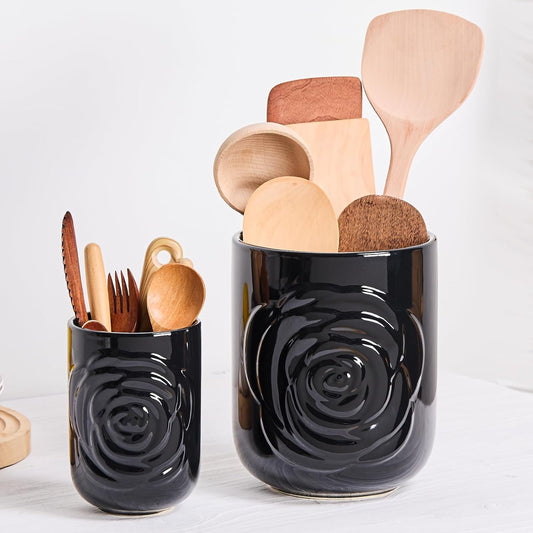 Black Ceramic Utensil Holder Set of 2 - Rose Carved Design, Kitchen Countertop Utensil Organizer for Spatula, Spoon & Cooking Tools, Large (7.5") & Small (5.5"), Farmhouse Kitchen Counter Decor