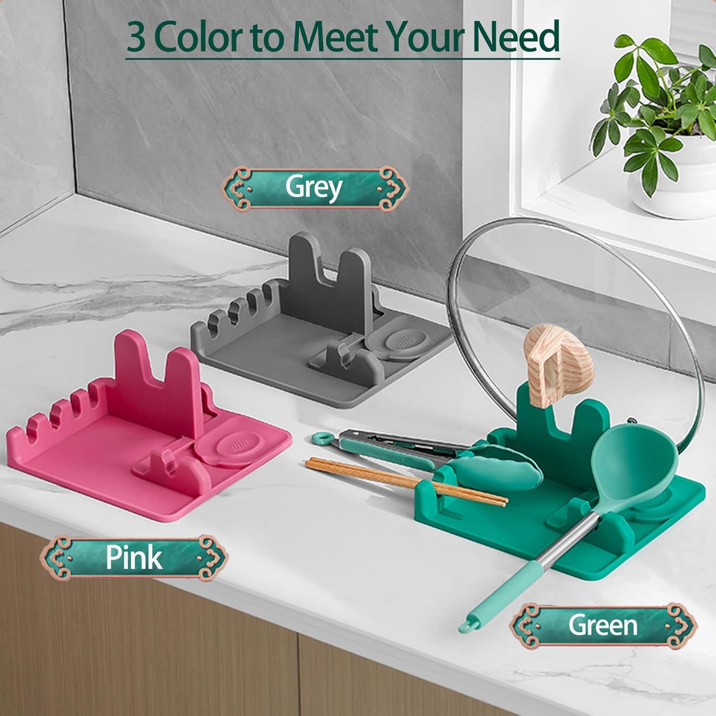 Silicone Spoon Holder Spoon Rest with Lid Holder for Stove Top,BPA Free Utensil Rest for Kitchen Countertop,Non-Slip Heat-Resistant Stove Utensil Holder for Spatula,Ladle,Tong&Pot Lid (Grey)