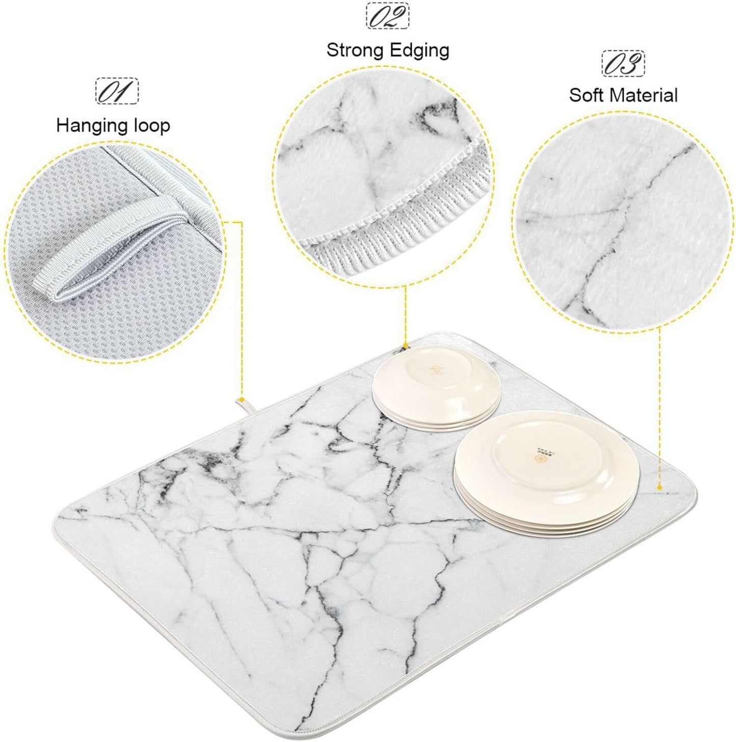 White Grey Marble Dish Drying Mat for Kitchen Counter Absorbent Microfiber Drying Pad, Large 18x24 in, Reversible Drainer Mats