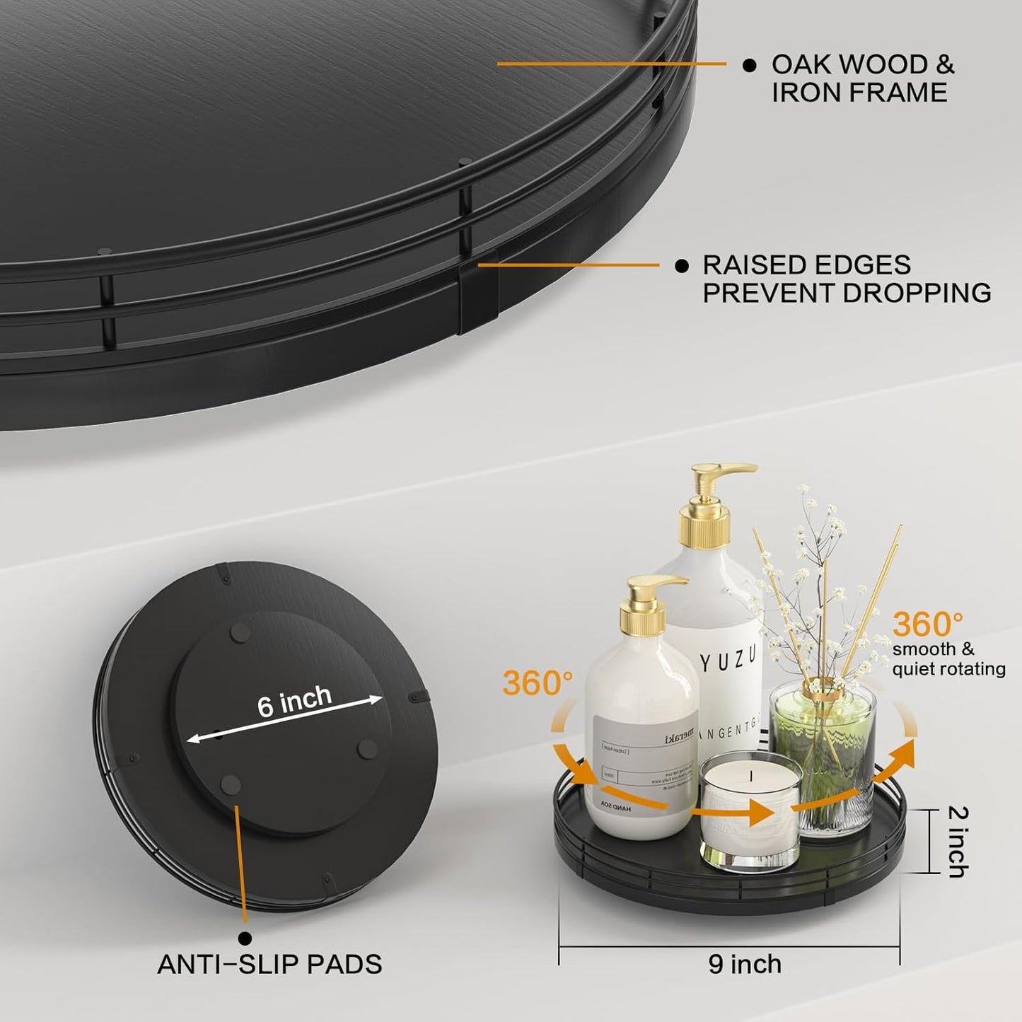 9" Oak Wood Lazy Susan Turntable Organizer, Lazy Susan for Cabinet Dining Table Pantry Wood Rotating Tray for Kitchen Countertop Coffee Table Decor Spinning Spice Can Organization and Storage Black