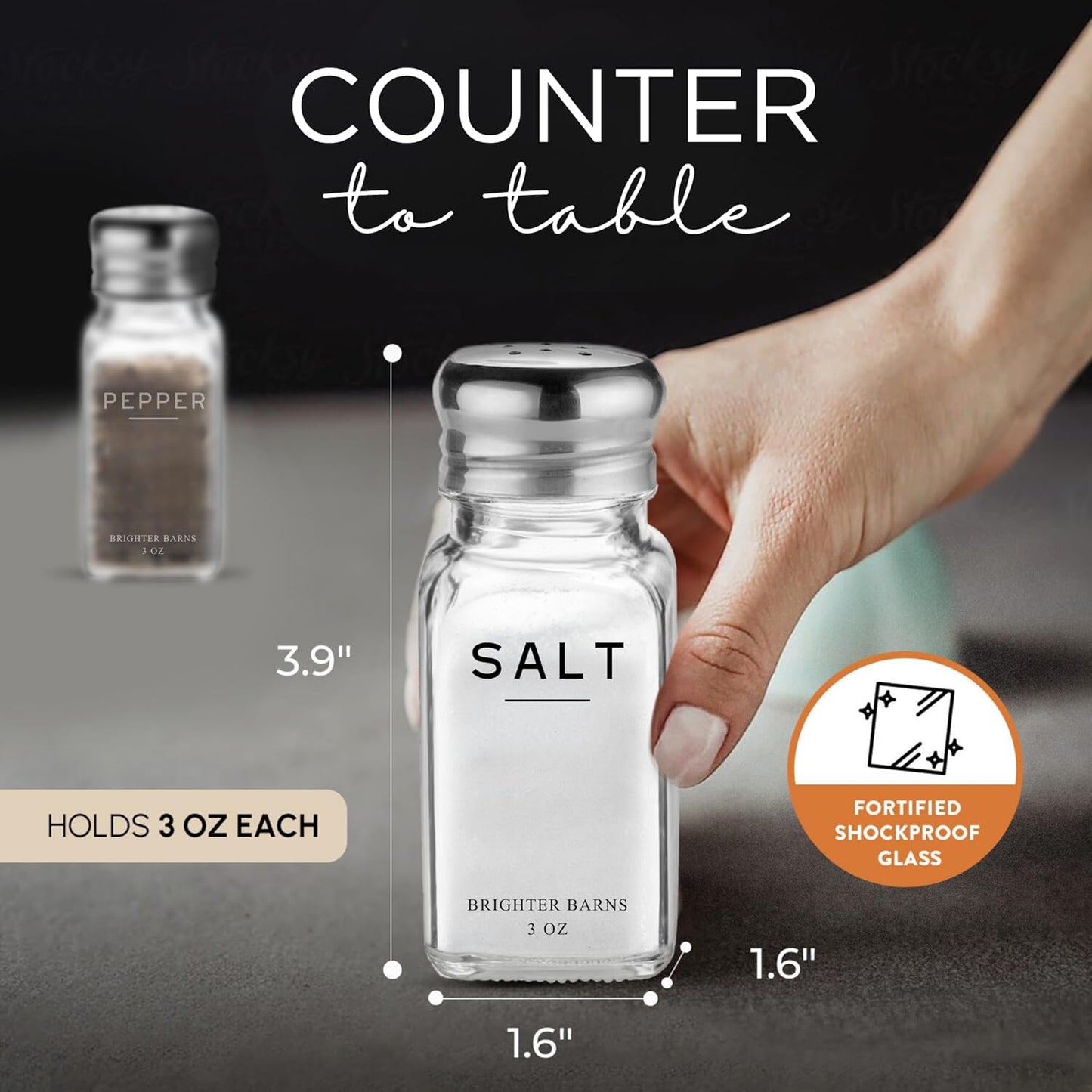 Glass Salt and Pepper Shakers Set by Brighter Barns - Modern Kitchen Decor, Dining Table Countertop Accessory - Rustic, Farmhouse, Vintage Glass Shakers with Stainless Steel Lids for Home, Restaurant