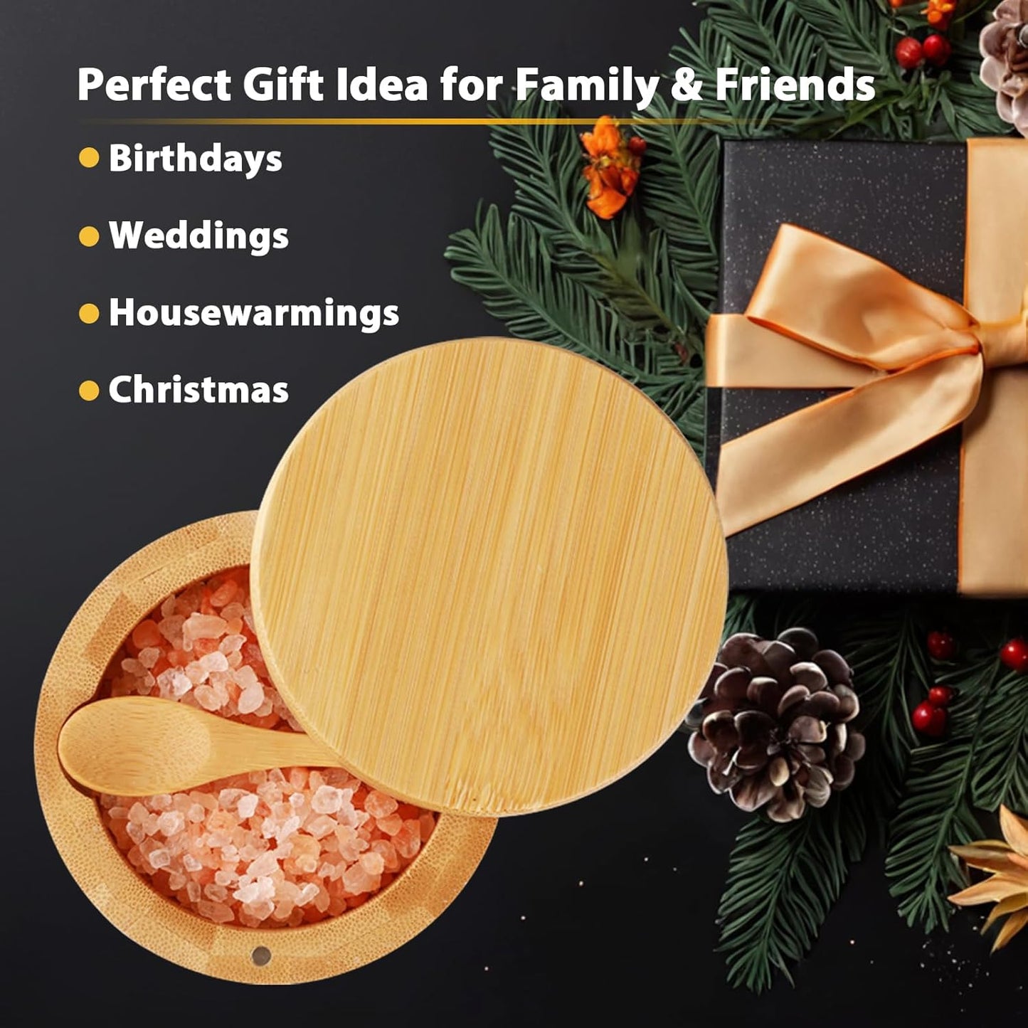 Bamboo Salt Cellar, 2 PCS Salt Container with Built-in Spoon, Salt Box Bowl with Magnetic Swivel Lid, Elegant Kitchen Salt Holder Saver Jar to Storage Pepper Spice Sea Salt for Countertop