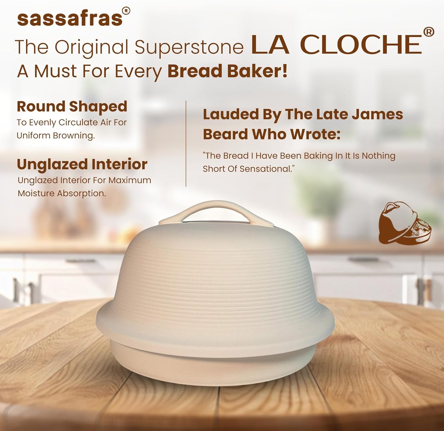 Sassafras Superstone Stoneware La Cloche Bread Baker, Unglazed, Baking Stone for Bread, Capacity 5QT 12”D x7”H with handle, Withstands Temperature 500-2100 Fahrenheit