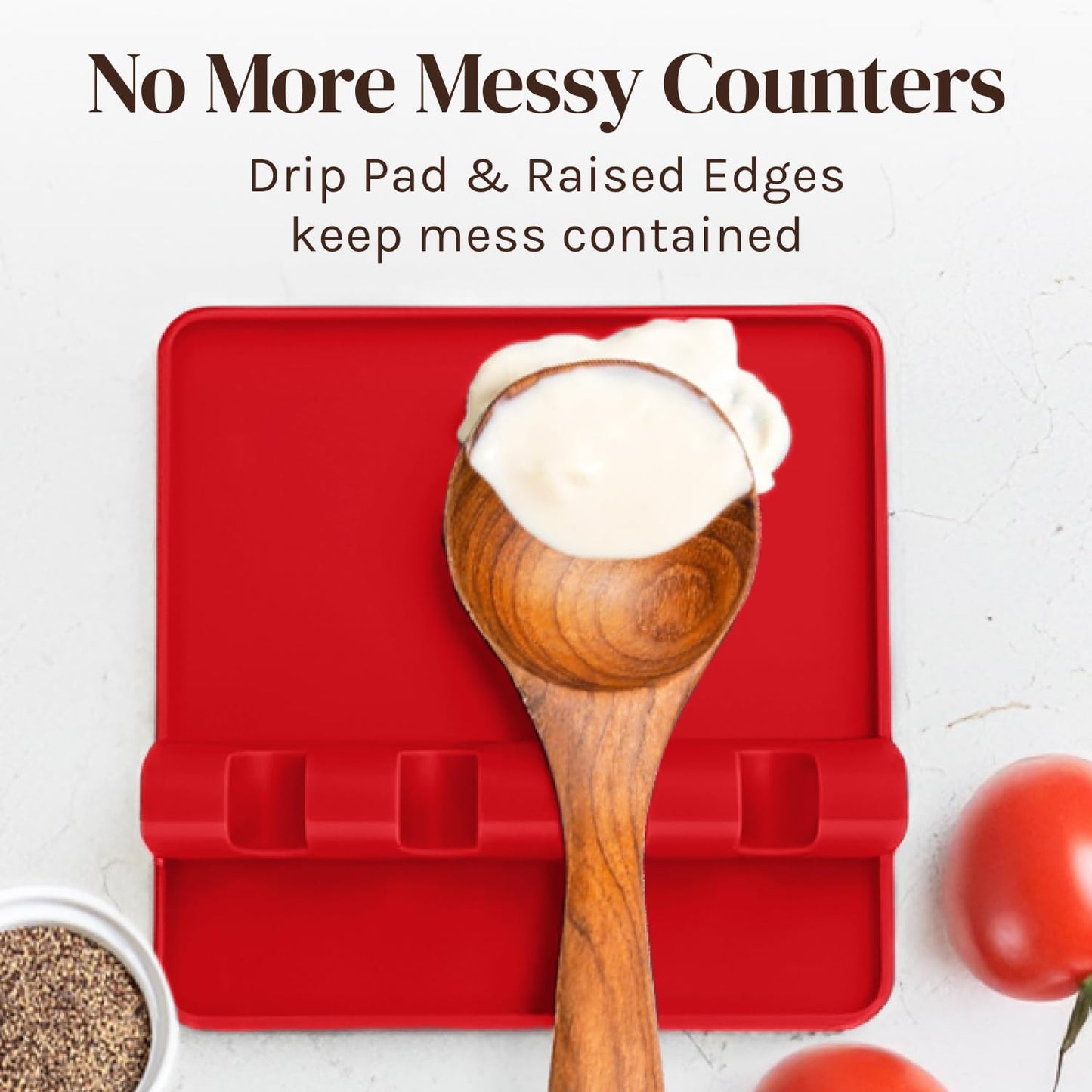 Red Silicone Spoon Rest for Stove Top with Drip Pad (Two Pack) - Heat-Resistant, BPA-Free Utensil Rest & Spoon Holder for Kitchen Counter - Grill Utensil Holder for Spatulas, Tongs, Ladles