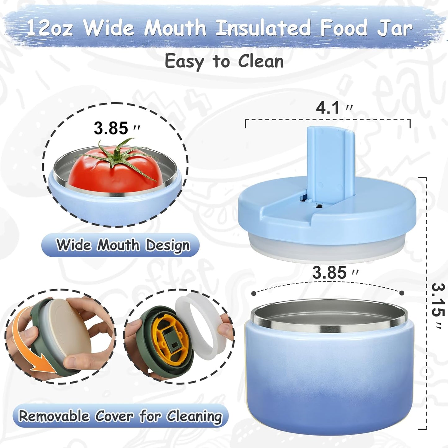 12oz Insulated Vacuum Food Jar with Buckle Lid Wide Mouth Soup Thermo for Hot Food Kids Leakproof Stainless Steel Lunch Container (Gradient Blue, 12OZ)
