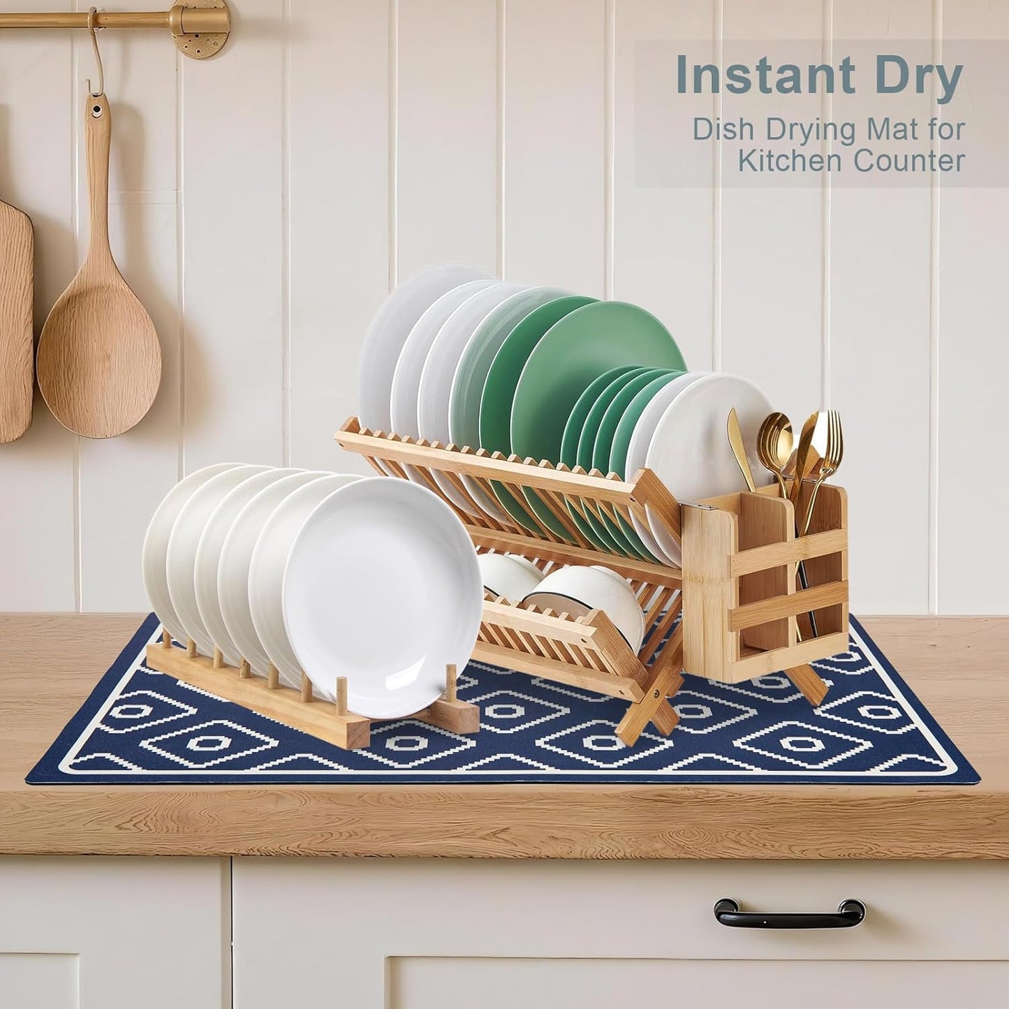 SUEH DESIGN Dish Drying Mat, Absorbent Coffee Mat 19.6 x 11.8 in Quick Dry Kitchen Drying Dish Drain Mat for Kitchen Counter Coffee Bar, Dark Blue