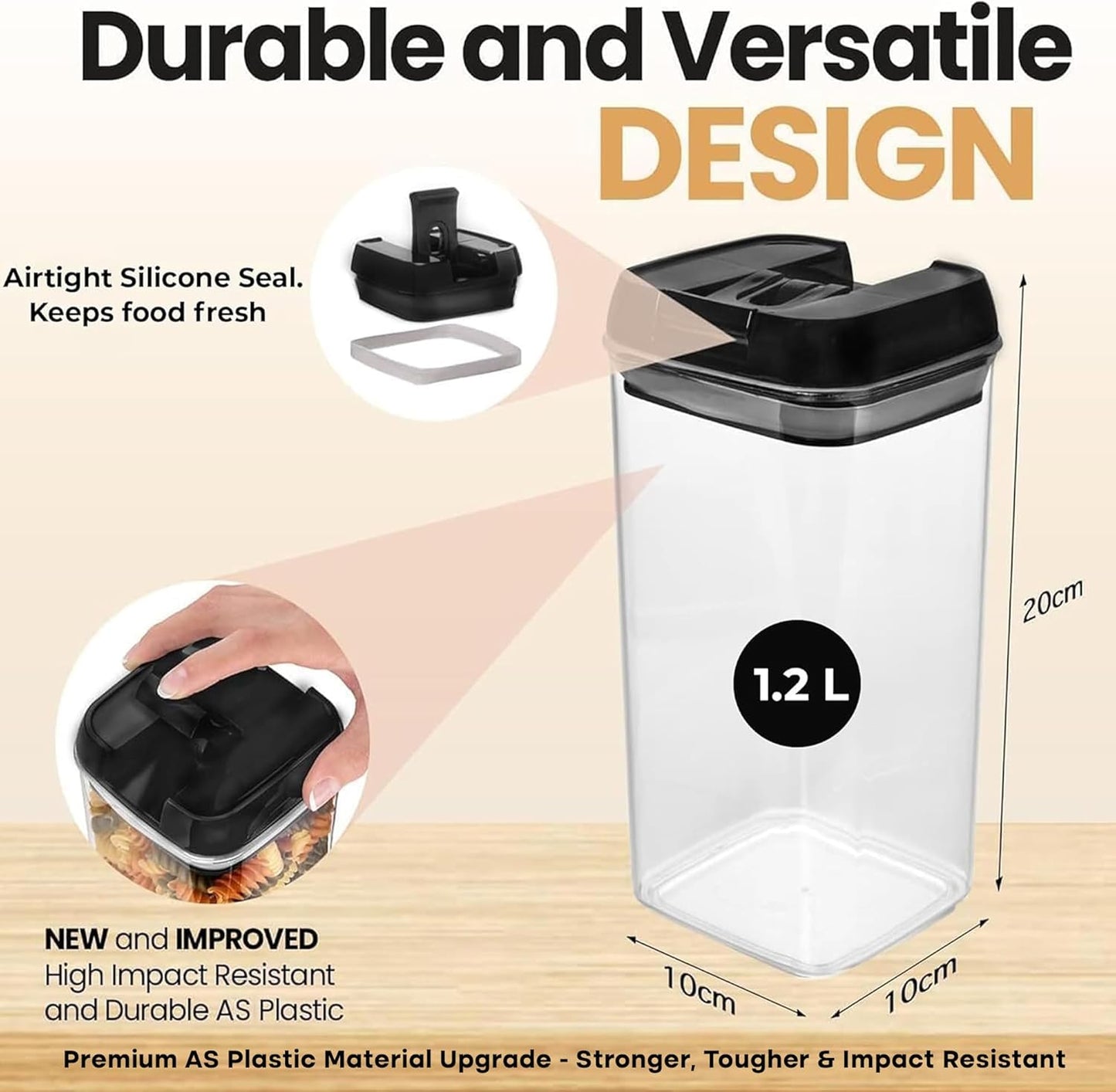 Shazo Airtight Food Storage Containers with Lids - 6 PC BPA Free Clear Plastic Cereal Containers with Easy Lock Lids for Kitchen and Pantry Organization for Snacks and Pasta - 1.2 L