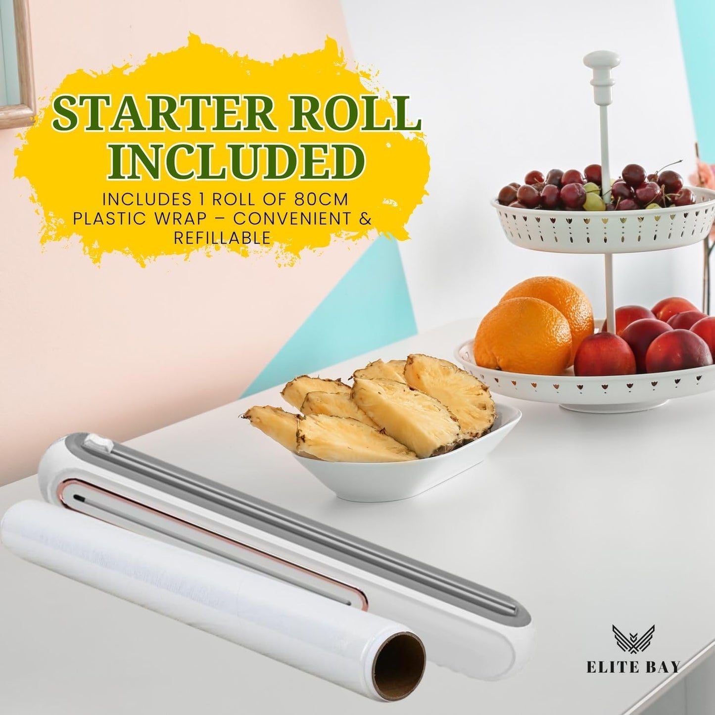 Food Plastic Wrap Dispenser with Sliding Cutter – Refillable ABS Wrap Cutter for Kitchen Use | Includes 80cm Plastic Wrap Roll | Compact, Safe & Easy to Use | Space-Saving Design in White.