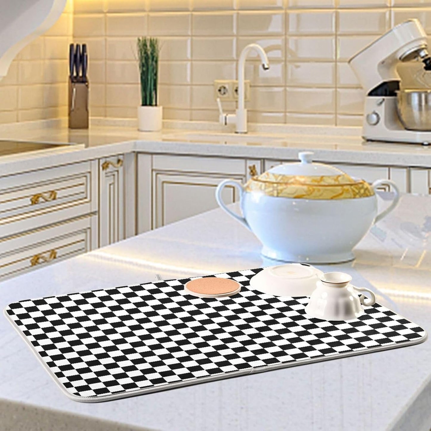 Black White Checkered Pattern Dish Drying Mat for Kitchen Counter Absorbent Microfiber Drying Pad, Large 18x24 in, Reversible Drainer Mats