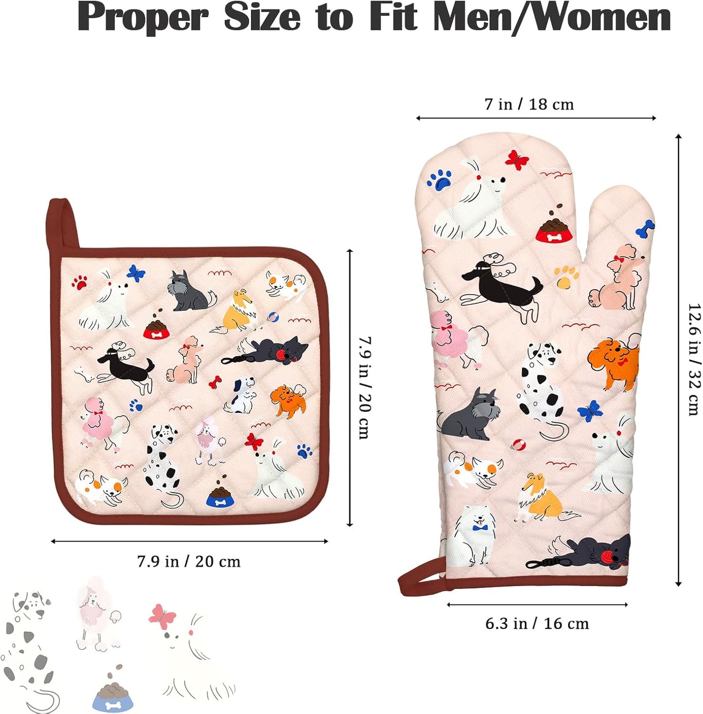 Dogs Oven Mitts and Pot Holders Sets 2Pcs, 100% Cotton Heat Resistant, Extra Long Oven Gloves Potholder for Kitchen Cooking Baking Decoration