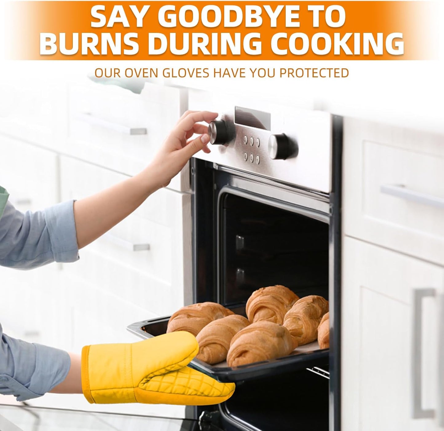 Mini Oven Mitts, Kitchen Oven Gloves Kitchen Mittens 500 Degrees Heat Resistant Baking Gloves, Non-Slip Silicone Surface with Hanging Loops Hot Gloves for Cooking, Baking, BBQ 1 Pair-Yellow