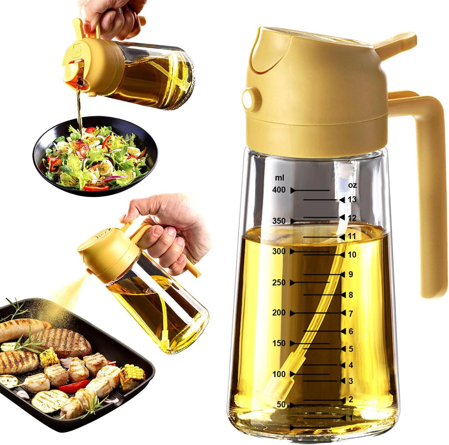 TrendPlain 16oz/470ml Glass Olive Oil Sprayer for Cooking – 2 in 1 Olive Oil Dispenser Bottle for Kitchen Gadgets and Air Fryer Accessories, Salad, BBQ - Yellow
