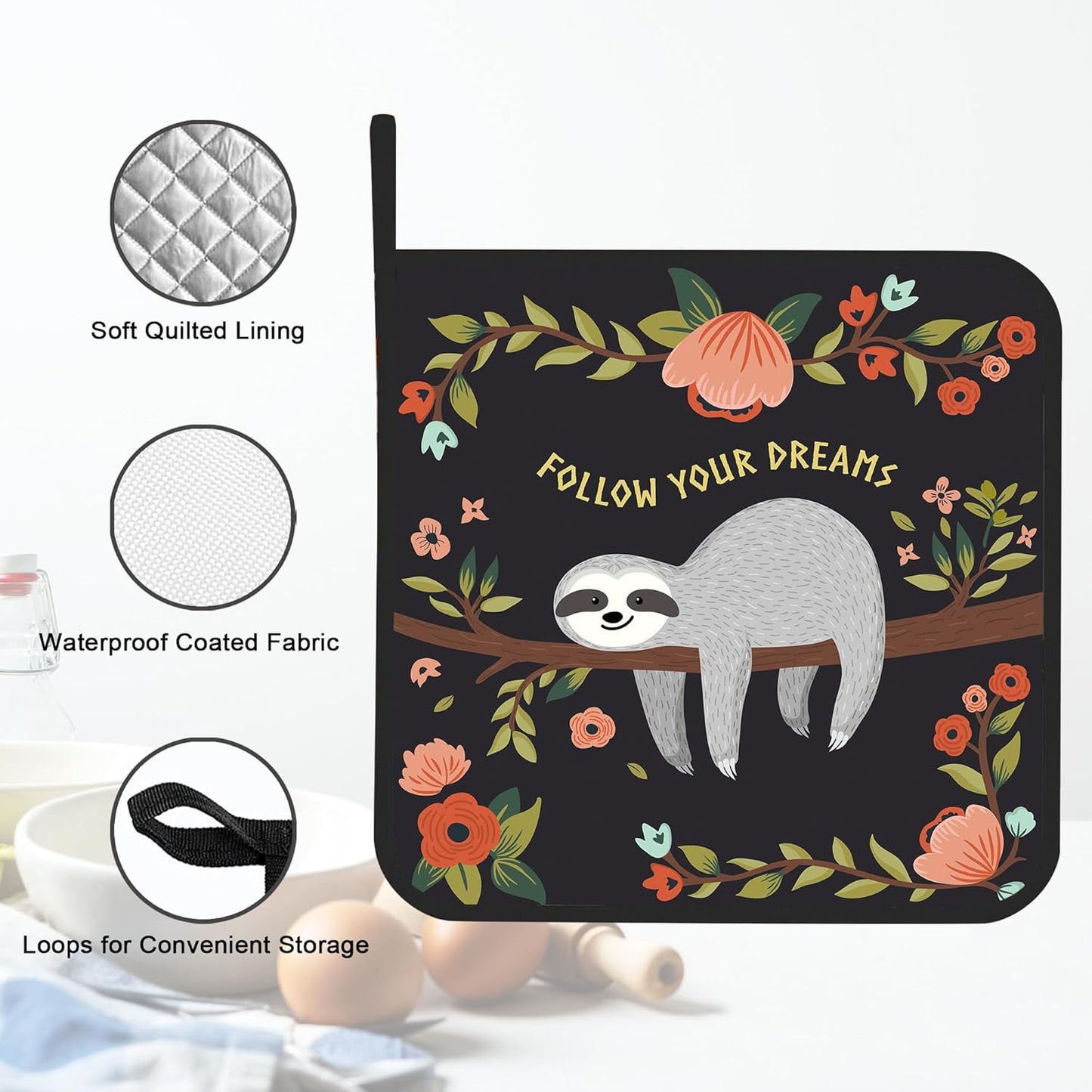 Pot Holder Set of 2,Cute Cartoon Sloth Kitchen Heat Resistant Potholder for BBQ Cooking Baking,Food Hot Pat for Women Men Kitchen Wear