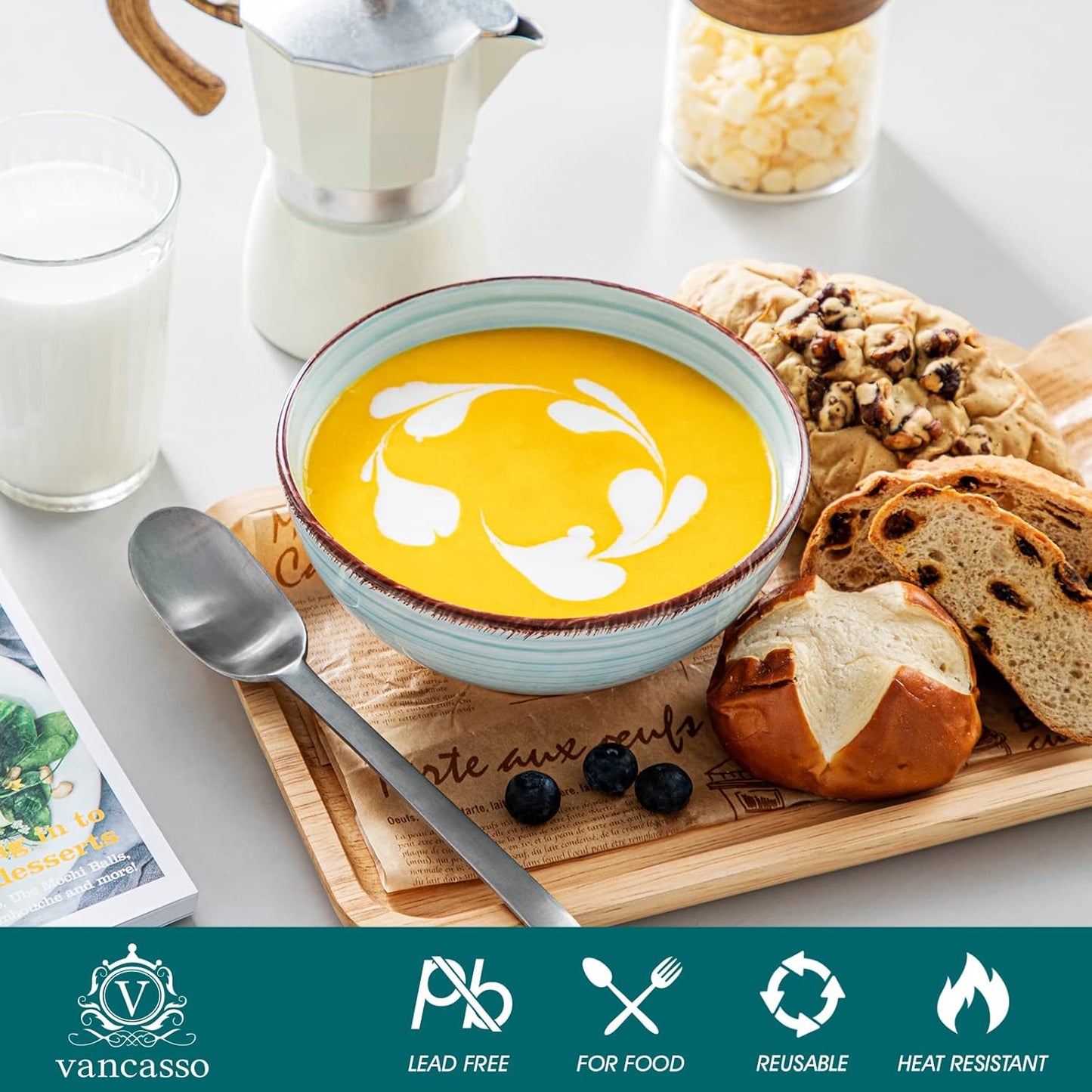 vancasso Bonita 27 Oz Cereal Bowls Set of 6, Blue Ceramic Bowls for Kitchen, 6 Inch Soup Bowls, Dishwasher & Microwave Safe