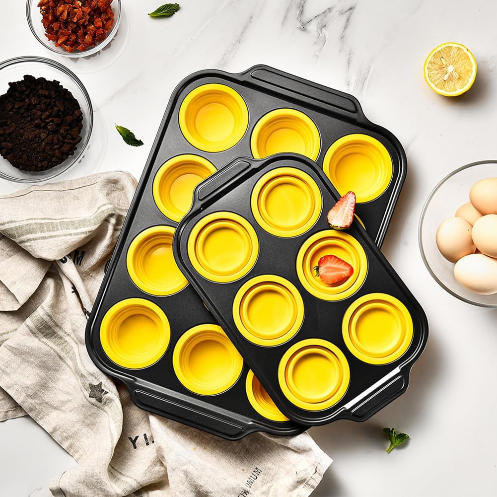 Silicone Muffin Pan with Metal Frame, Egg Bite Maker Silicone Molds for Baking, Cupcake Pans 12 Regular Size, Muffin Tins Easy to Pop Nonstick Non Toxic Bakeware for Oven (Yellow)