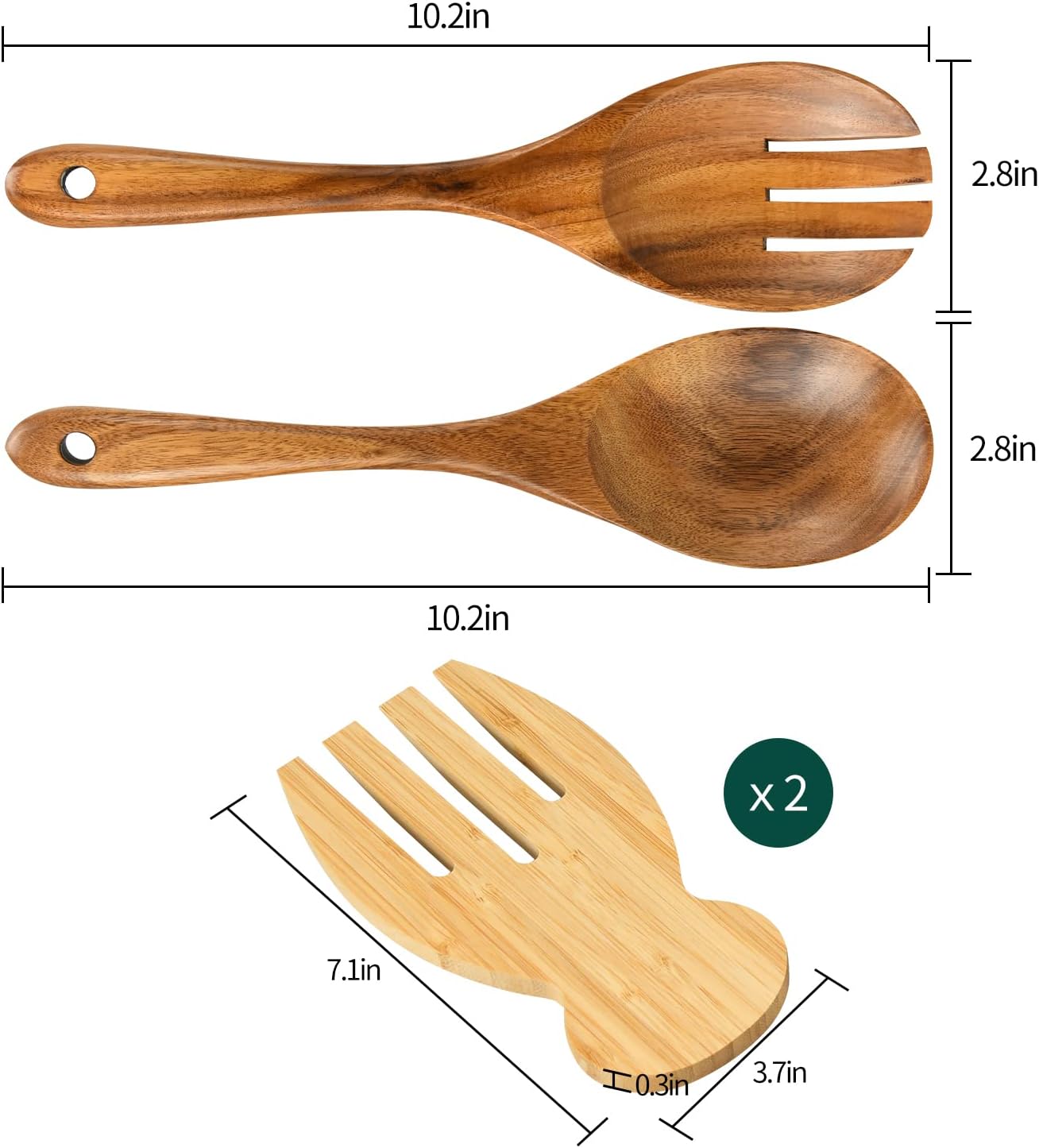 Salad Servers Salad Hands Set, Wood Salad Tongs, 10.2in Salad Spoon Fork and 7.1in Salad Hands Set, Salad Server Set for Mixing, Tossing and Cooking (Salad Server Salad Hand Set)