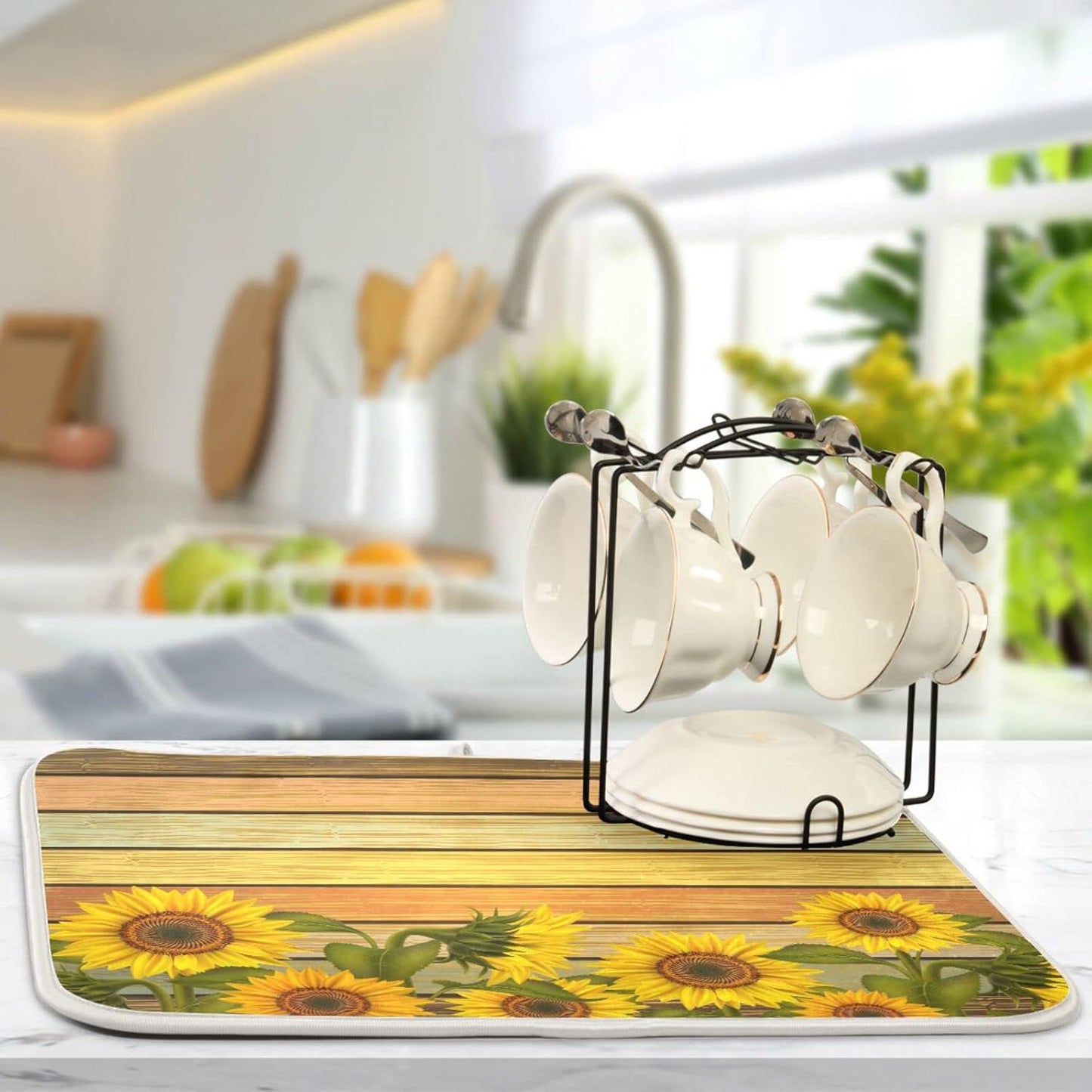 Super Absorbent Dish Drying Mat, Microfiber Fast-Drying Dish Mat, 16" x 18", Kitchen Dish Drying Pad, Sunflower On Wooden Board Vintage